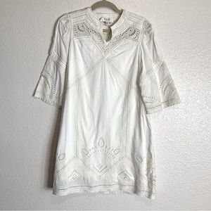 Sea New York Embroidered Bell Sleeves Eyelet V Neck Shift Dress 8 White